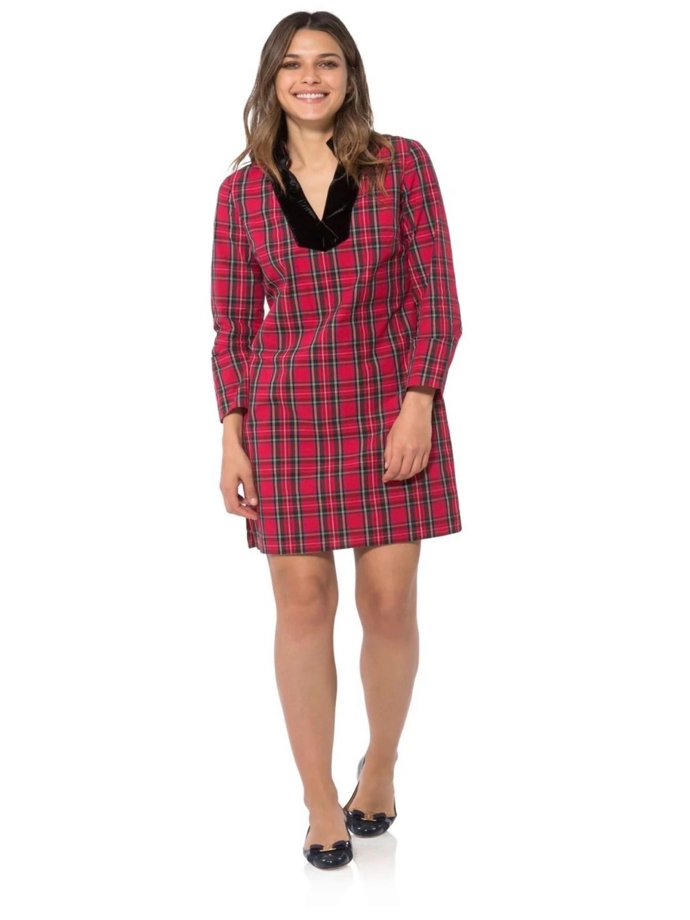 Sail to Sable Red Plaid V-Neck Mini Dress with Black Trim